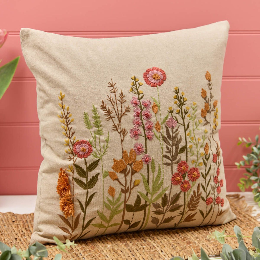 Floral Taupe Embroidered Square Cushion