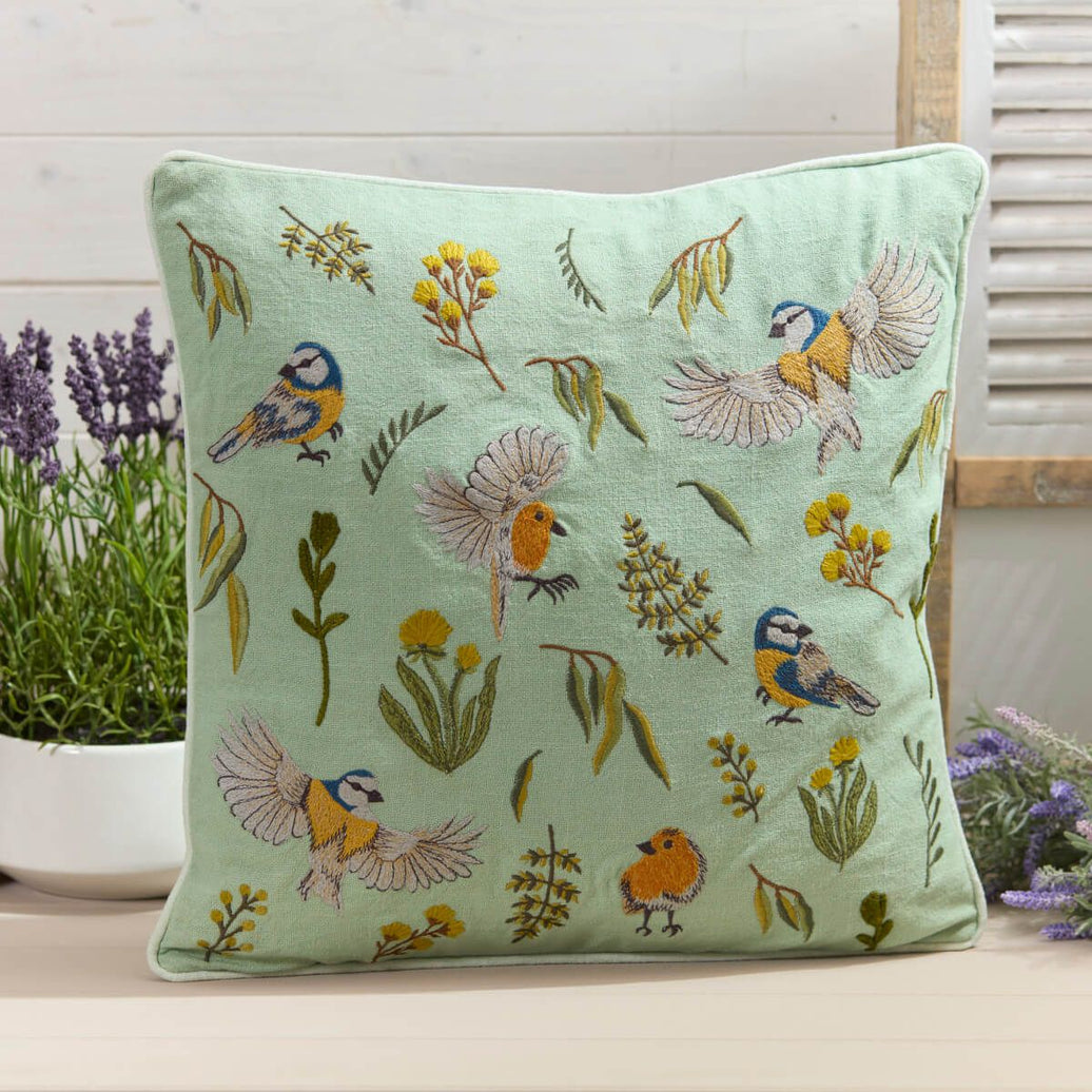 Blue Tits and Robins Embroidered Duck Egg Blue Cushion