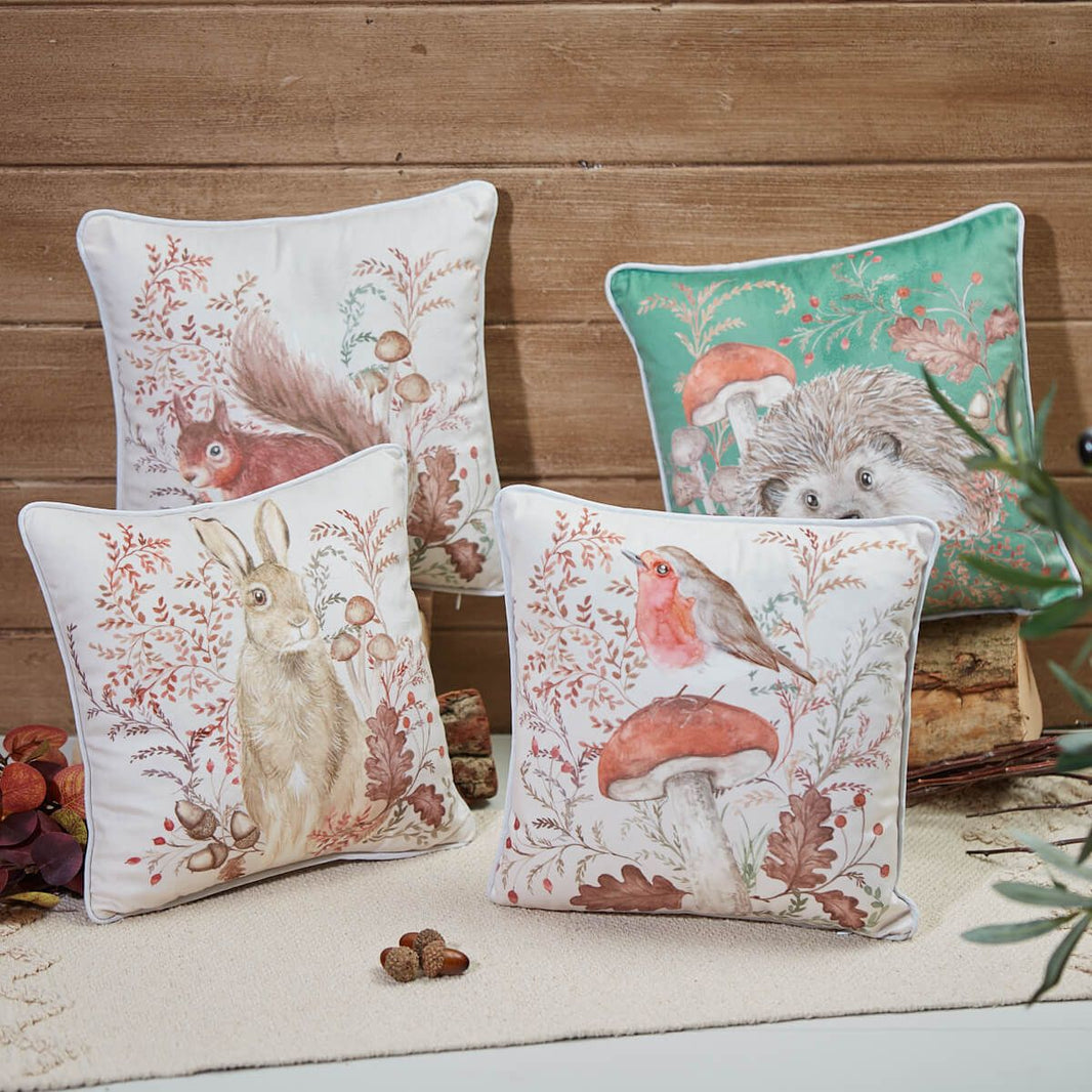 Woodland Rustic Hedgehog Cushion - Green Velour