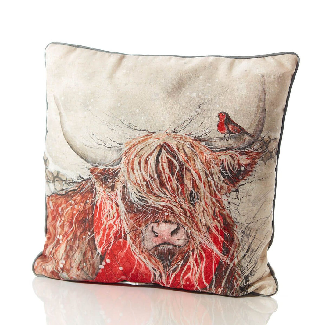 Winter Highland Cow Cushion – Grey Linen with Robin & Snow