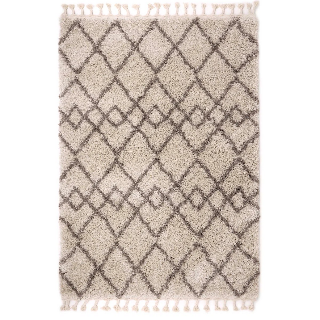 Geometric Diamond Ivory/Light Brown Tasselled Rug