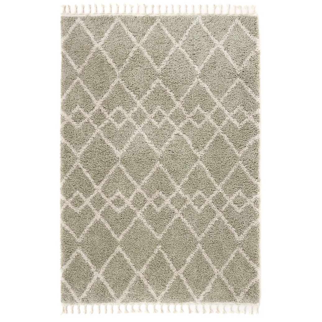 Geometric Diamond Green/Ivory Tasselled Rug