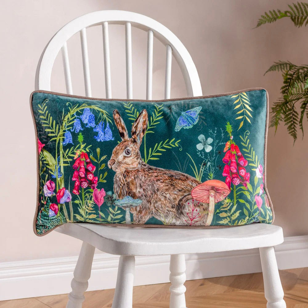 Teal Woodland Rabbit Velvet Cushion