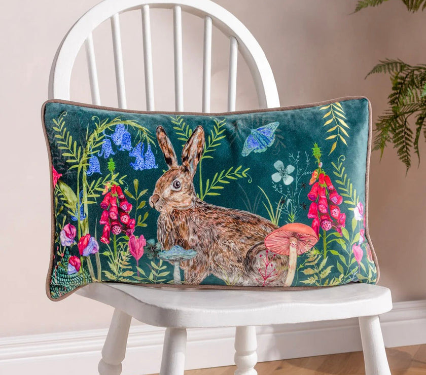 Teal Woodland Rabbit Velvet Cushion