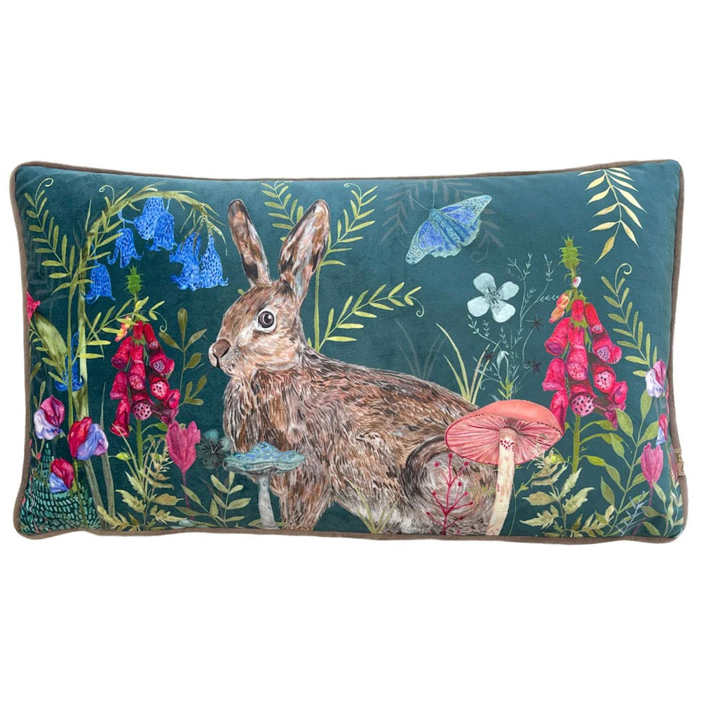 Teal Woodland Rabbit Velvet Cushion