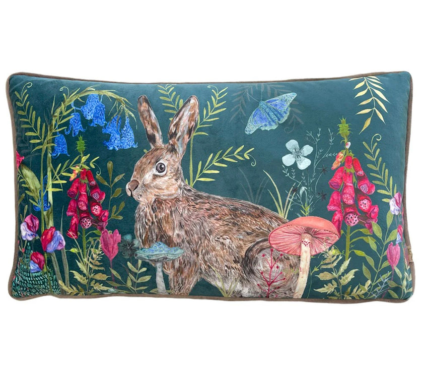 Teal Woodland Rabbit Velvet Cushion