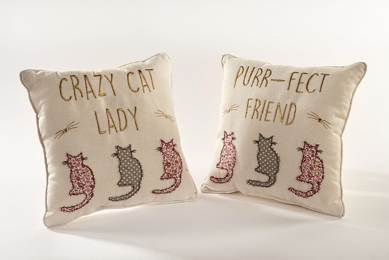 Set of 2 Square Floral Embroidered Cat Cushions