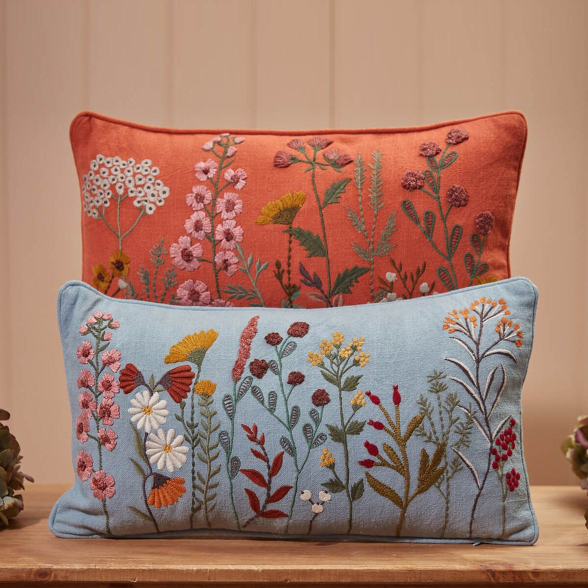 Floral Embroidered Rectangular Cushion 100% Cotton