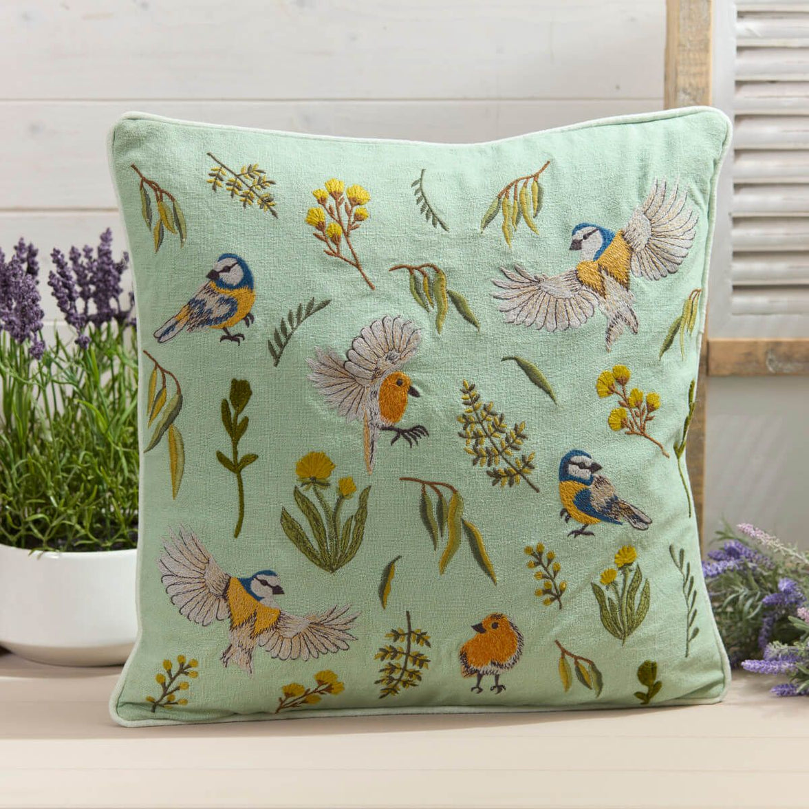 Blue Tits and Robins Embroidered Duck Egg Blue Cushion