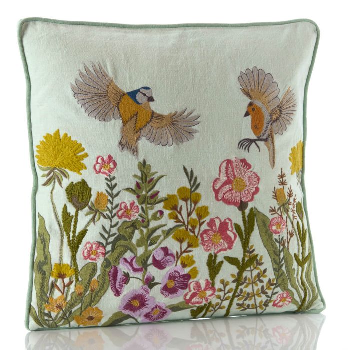 Floral Birds Embroidered Duck Egg Blue Cushion