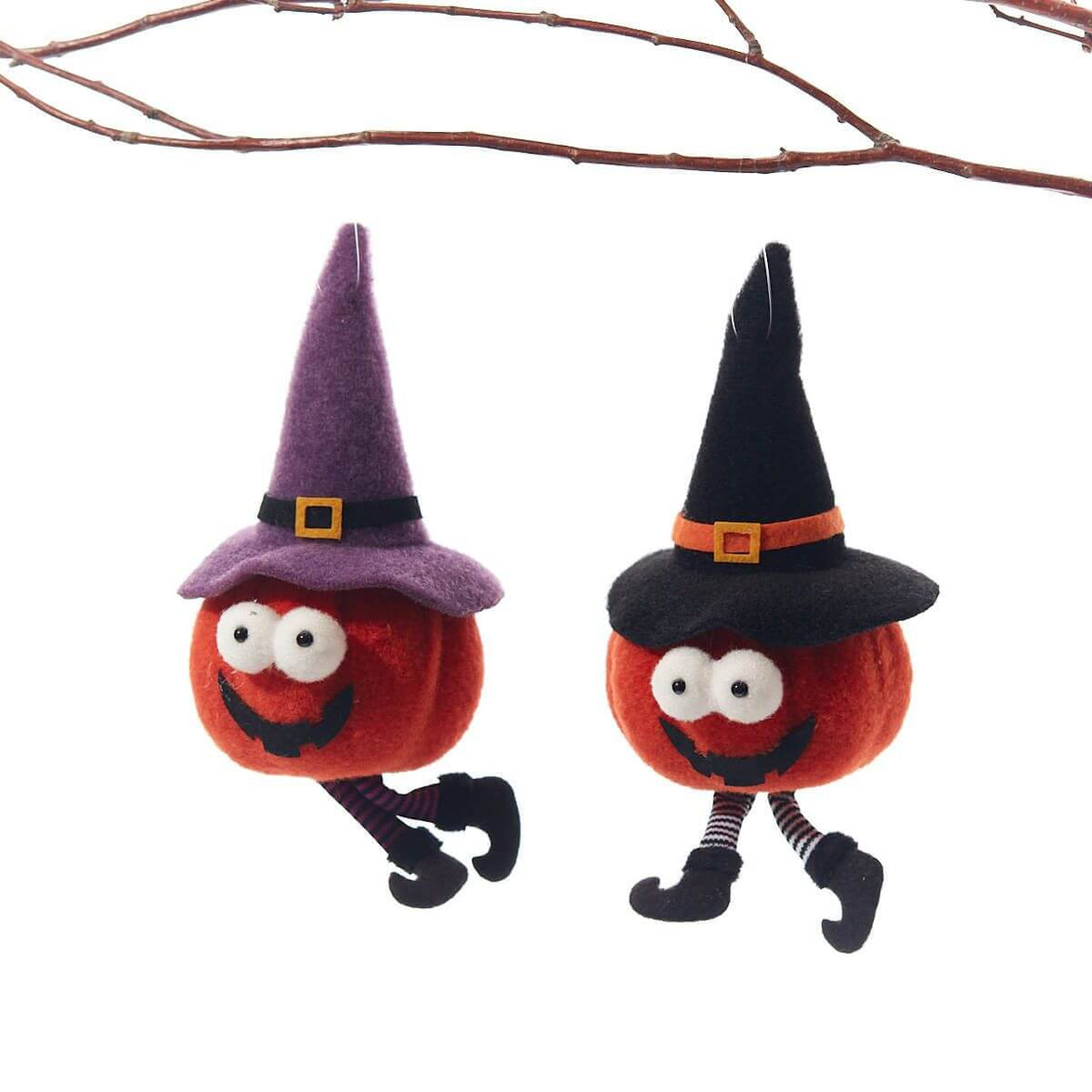 Halloween Novelty Pumpkin Hangers in assorted fabric with googly eyes and witch hats, perfect for spooky home décor.