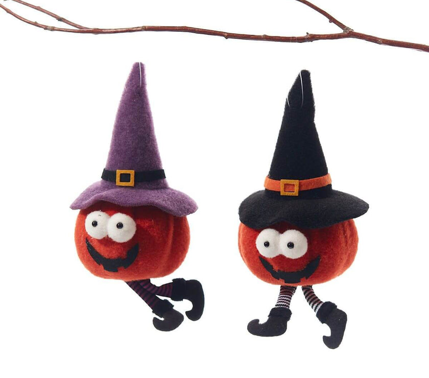 Halloween Novelty Pumpkin Hangers in assorted fabric with googly eyes and witch hats, perfect for spooky home décor.