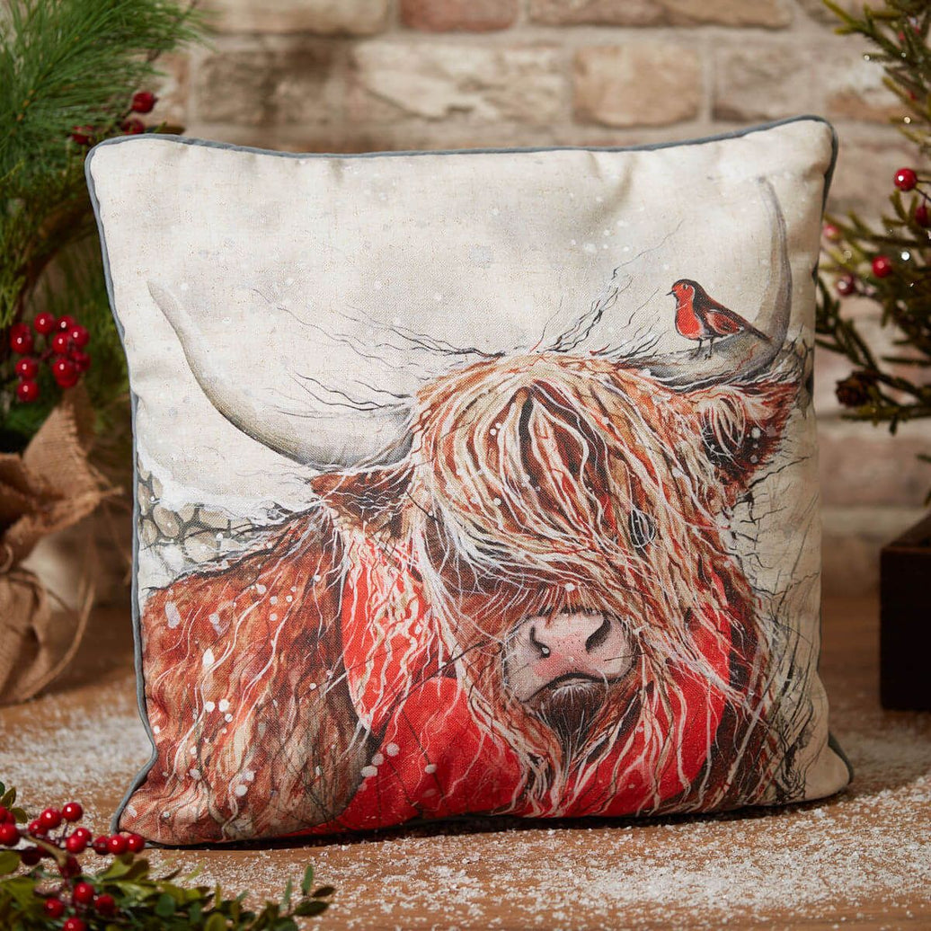 Winter Highland Cow Cushion – Grey Linen with Robin & Snow