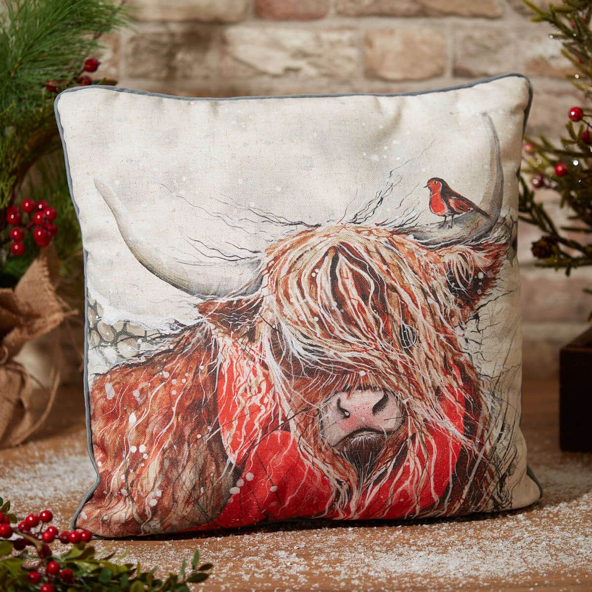 Winter Highland Cow Cushion – Grey Linen with Robin & Snow