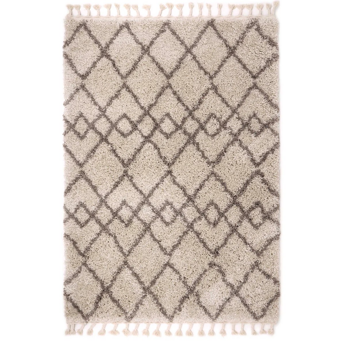 Geometric Diamond Ivory/Light Brown Tasselled Rug