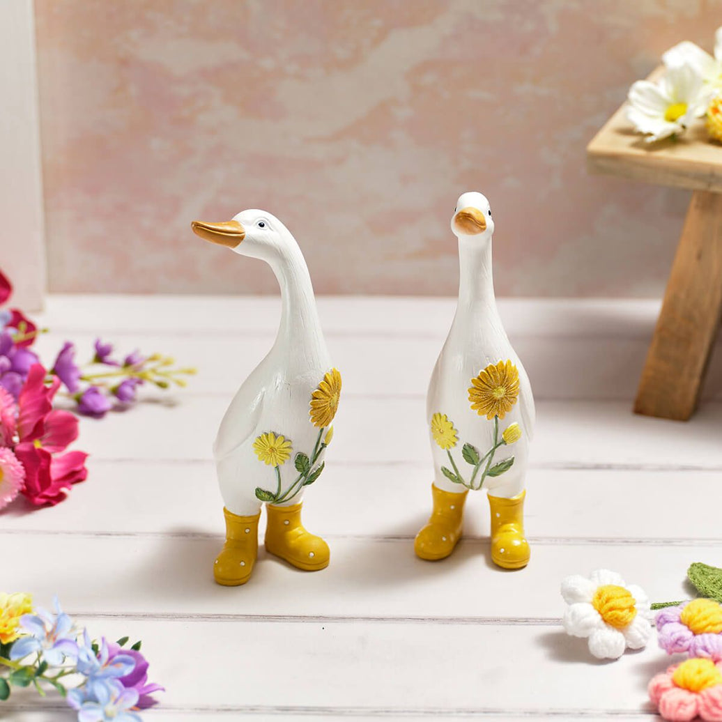 Standing Ducks In Wellington Boots With Painted Flowers
