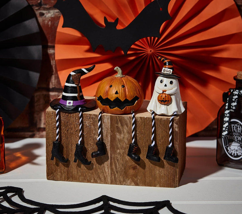 Halloween Novelty Shelf Sitters – Assorted Designs with Black & White Striped Legs