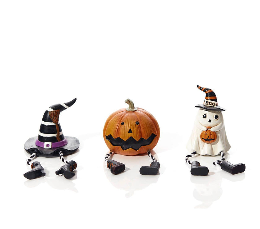 Halloween Novelty Shelf Sitters – Assorted Designs with Black & White Striped Legs