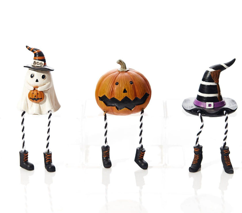 Halloween Novelty Shelf Sitters – Assorted Designs with Black & White Striped Legs