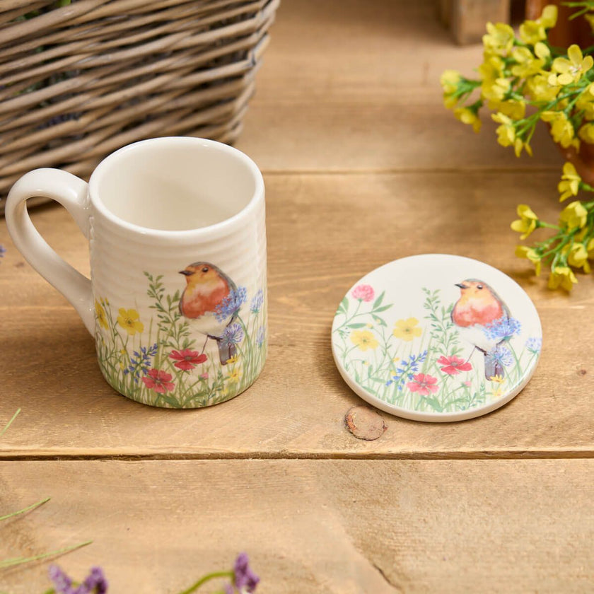 Robin Gift Set Floral Robin Mug and Coaster Gift Set