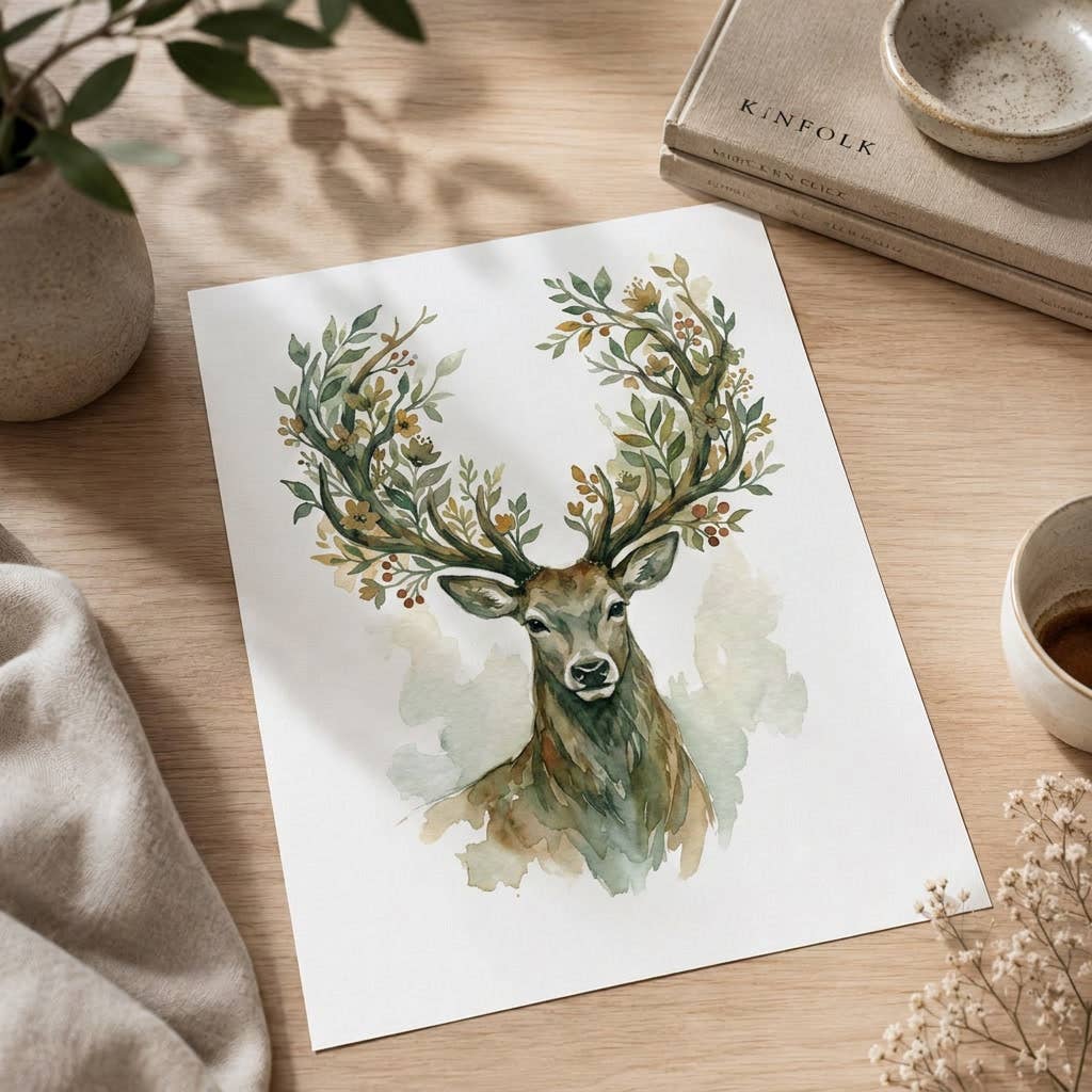 Botanical Stag Wildlife Watercolor Art Print: Print Only: Unframed / 8x10″ / 20x25 cm