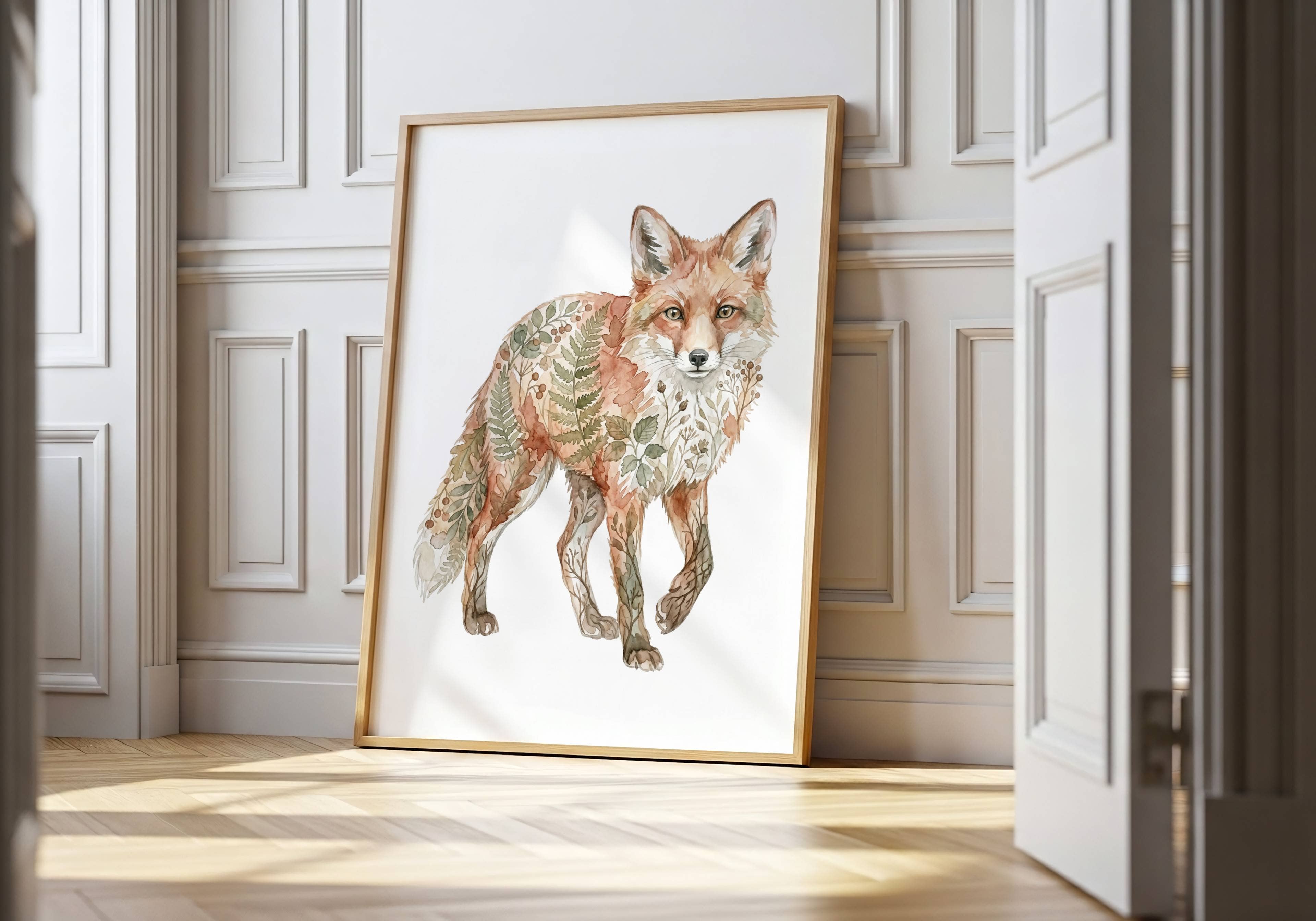 Botanical Red Fox Wildlife Watercolor Art Print: Print Only: Unframed / 8x10″ / 20x25 cm