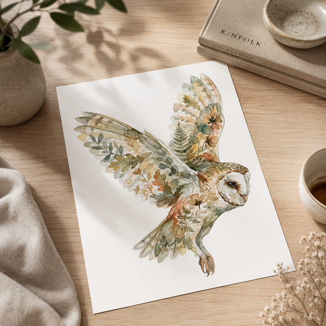 Botanical Owl Wildlife Watercolor Art Print: Print Only: Unframed / 8x10″ / 20x25 cm