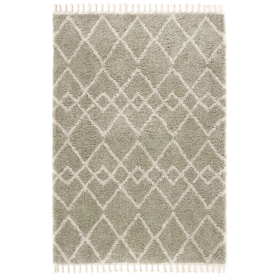 Geometric Diamond Green/Ivory Tasselled Rug