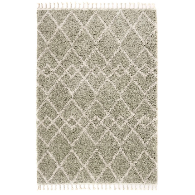 Geometric Diamond Green/Ivory Tasselled Rug