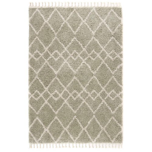 Geometric Diamond Green/Ivory Tasselled Rug