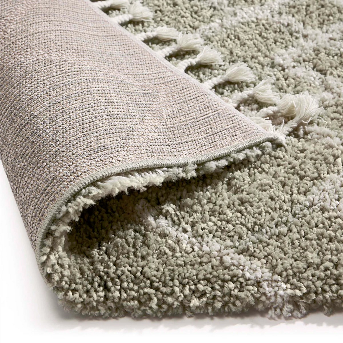 Geometric Diamond Green/Ivory Tasselled Rug