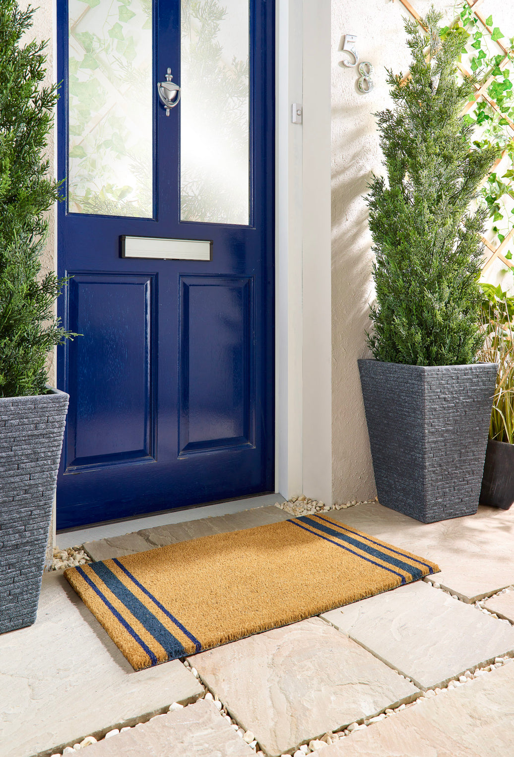 Navy Border Stripe Printed Coir Door Mat