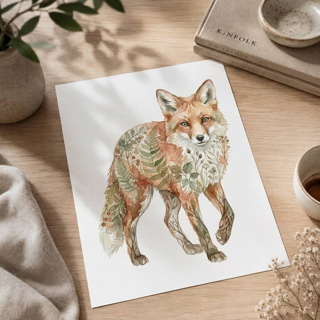 Botanical Red Fox Wildlife Watercolor Art Print: Print Only: Unframed / 8x10″ / 20x25 cm