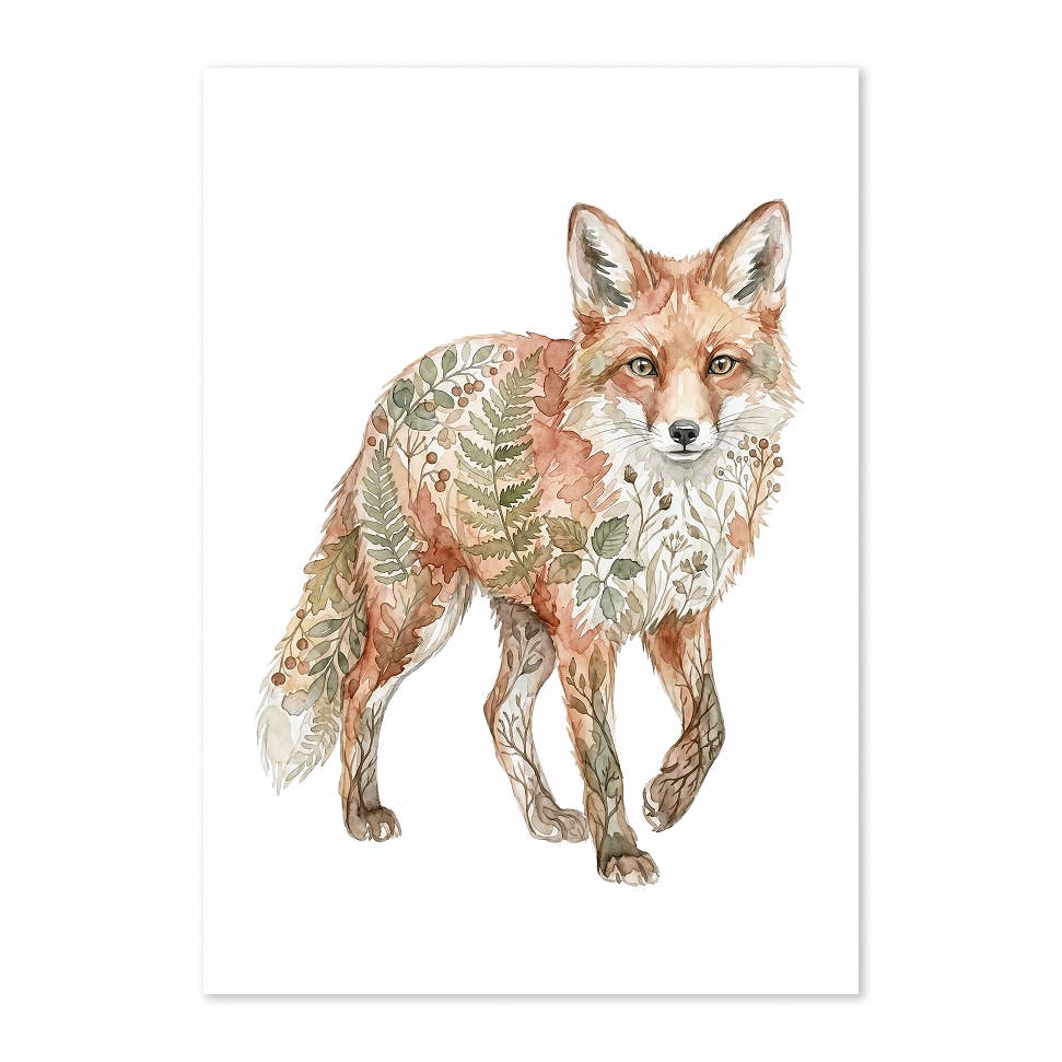 Botanical Red Fox Wildlife Watercolor Art Print: Print Only: Unframed / 8x10″ / 20x25 cm