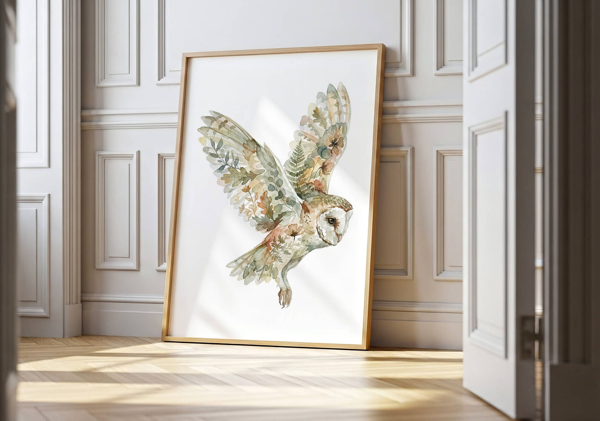 Botanical Owl Wildlife Watercolor Art Print: Print Only: Unframed / 8x10″ / 20x25 cm