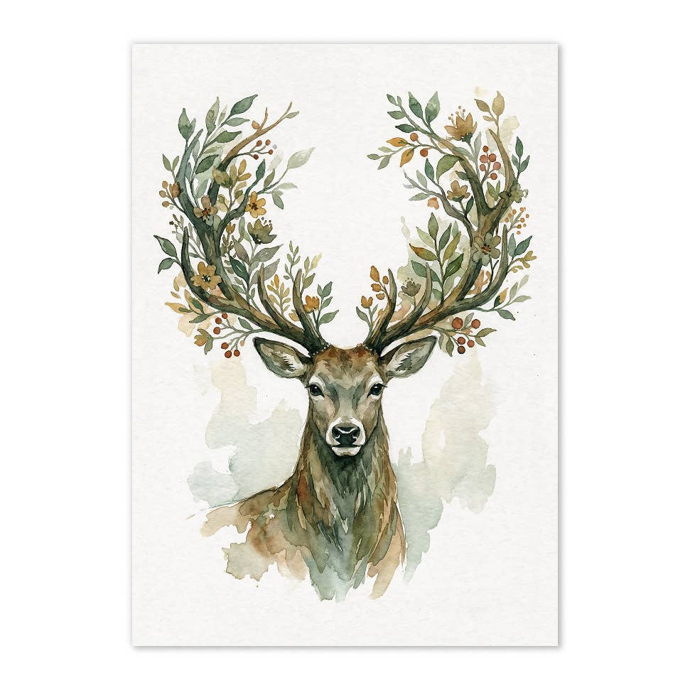 Botanical Stag Wildlife Watercolor Art Print: Print Only: Unframed / 8x10″ / 20x25 cm