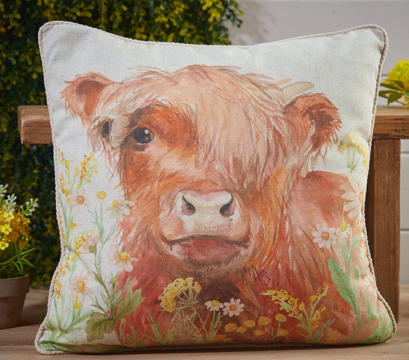 Highland Cow Floral Cushion – Printed Linen Fabric