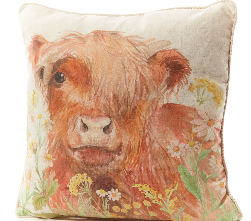 Highland Cow Floral Cushion – Printed Linen Fabric
